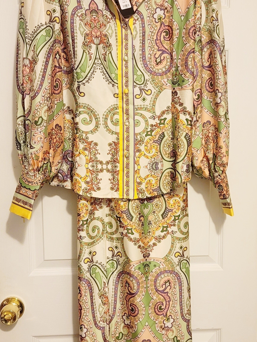 Fashion Nova Cream Paisley-Print Long Sleeve Wide Leg Pants Set with Yellow Trim